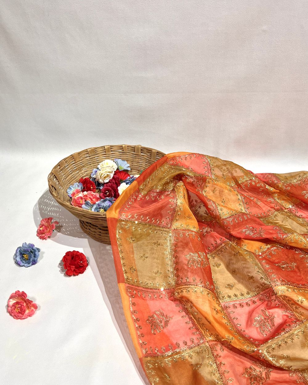 Position Print with Sequin Embroidery on Premium Organza Orange Colour 44 Inches Width