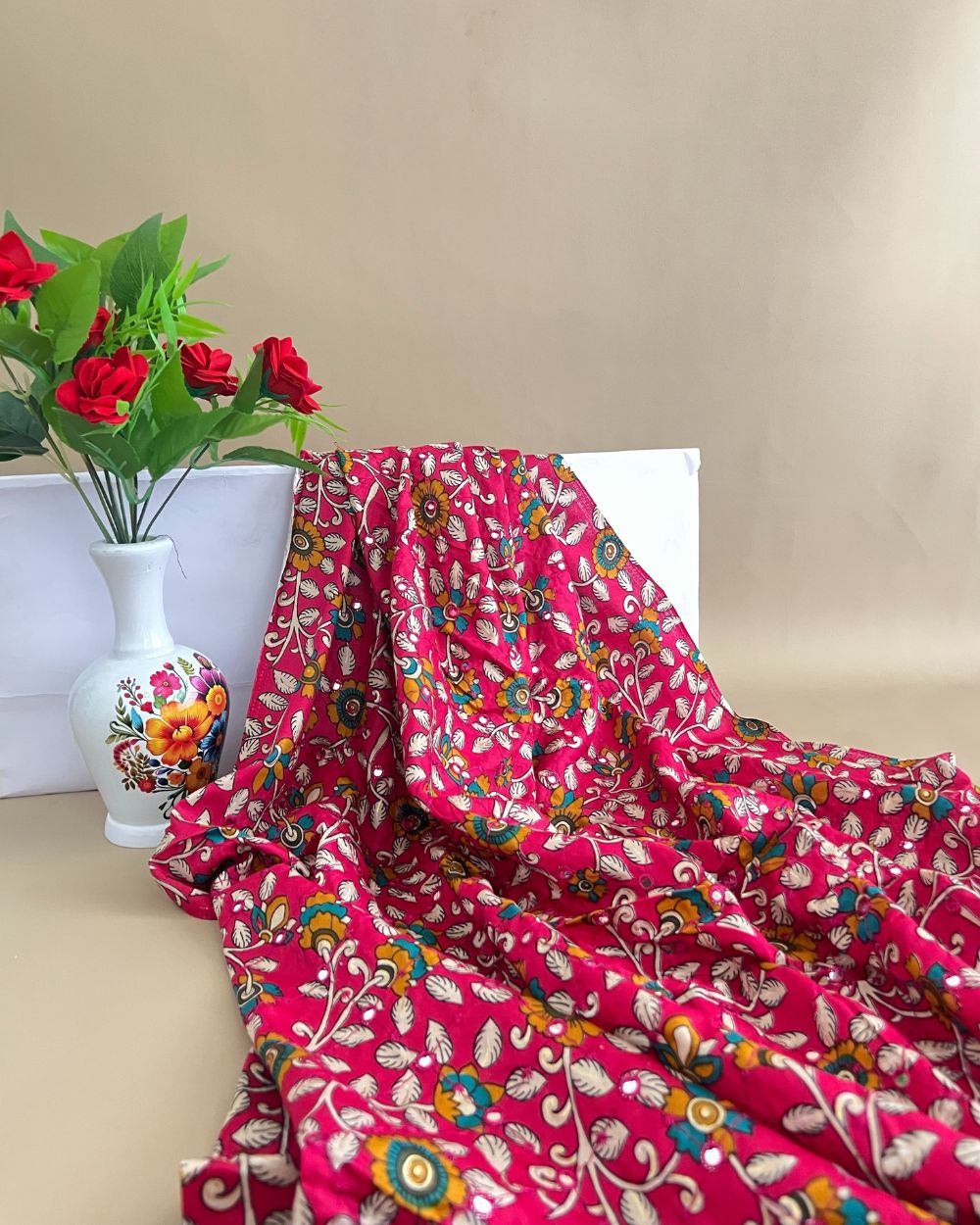 Cotton Abla Work Rani Pink Colour 42 Inches Width