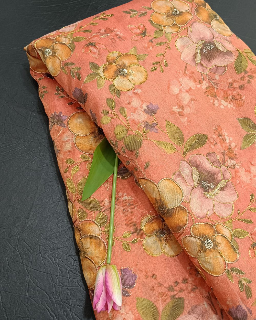 Chanderi Work Peach Colour 45 Inches Width