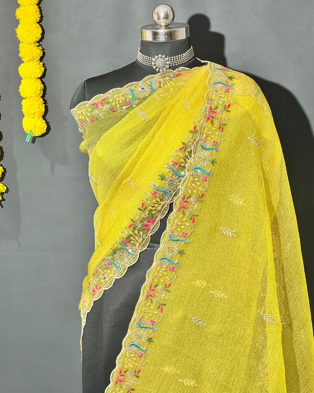 Premium Organza Crush Work Dupatta Fabric Lemon Yellow Colour 38 Inches Width