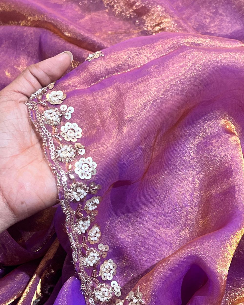 Space Silk Work Dupatta Fabric with Border Copper Lavender 38 Inches Width
