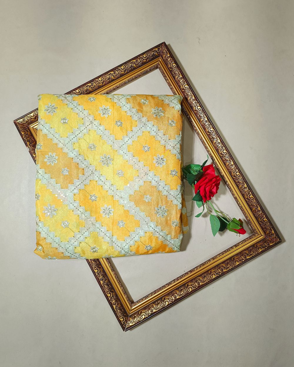 Position Print with Sequin Embroidery on Premium Organza Mango Yellow Colour 45 Inches Width