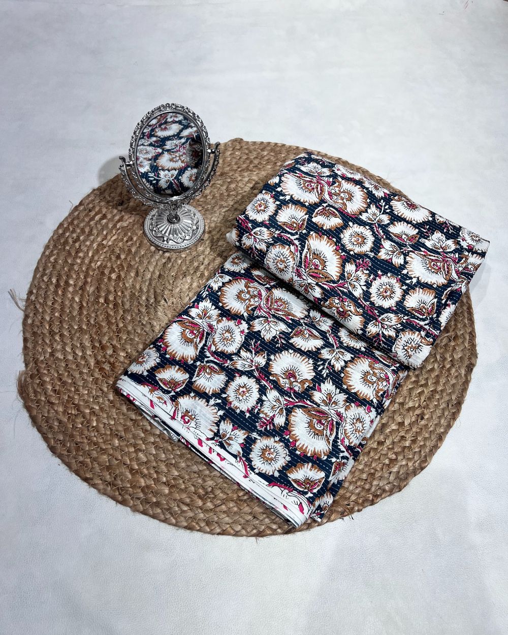 Printed Cotton Kantha Work Kerosene Colour 42 Inches Width