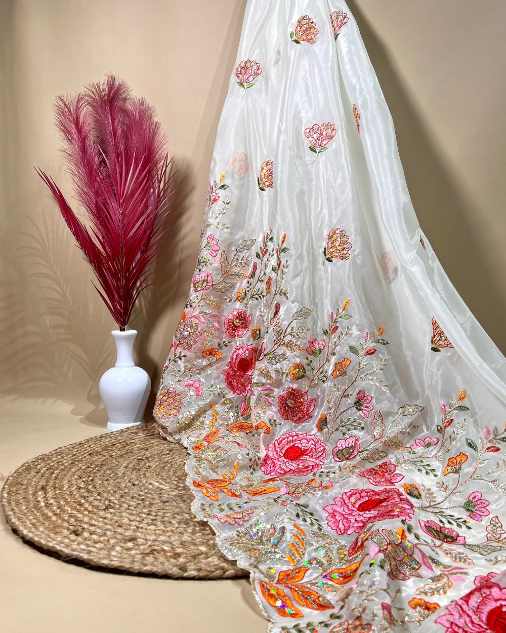 Premium Pure Soft Organza with Border Work White Colour 42 Inches Width