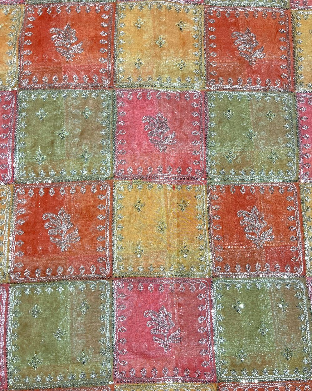 Position Print with Sequin Embroidery on Premium Organza Orange Colour 44 Inches Width