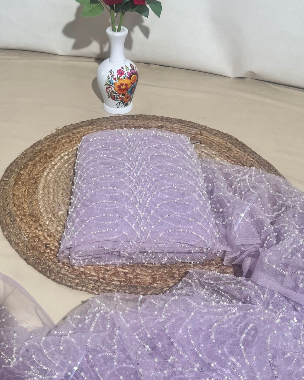 Imported Net Work Light Lavender Colour 62 Inches Width