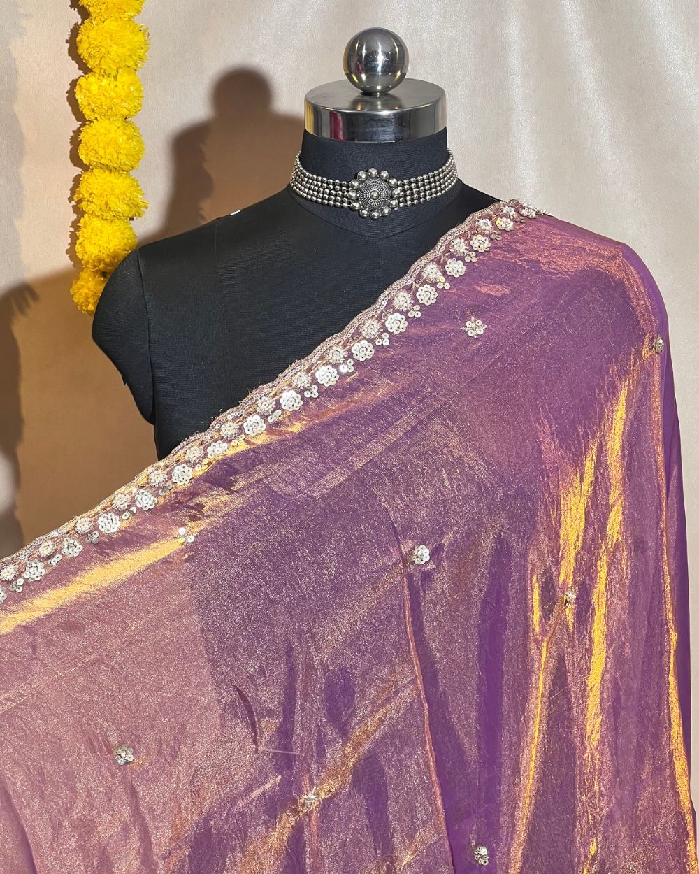 Space Silk Work Dupatta Fabric with Border Copper Lavender 38 Inches Width