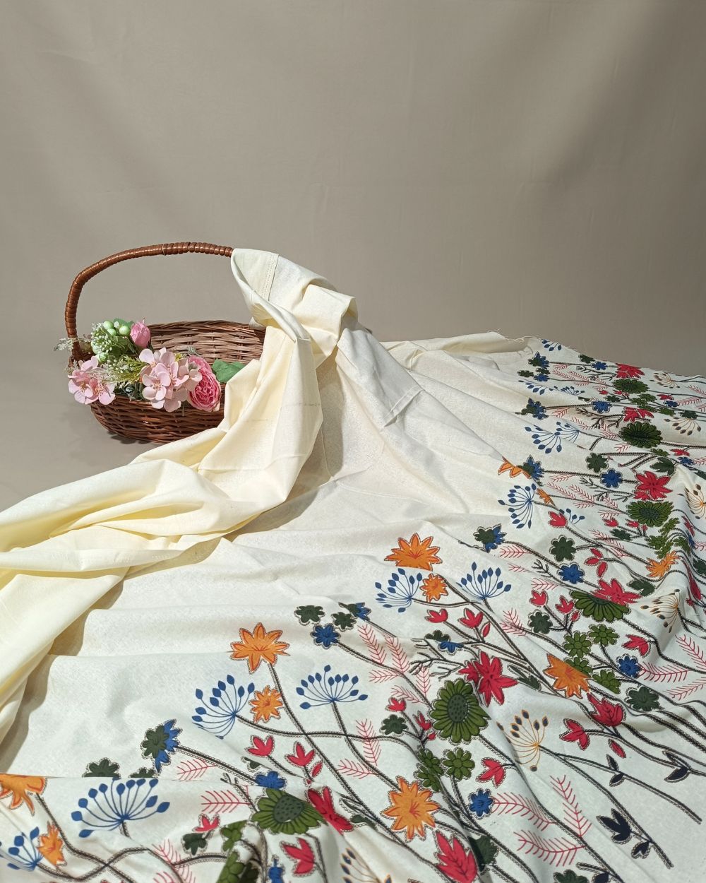 Printed Khadi Cotton with Border Off White Colour 42 Inches Width