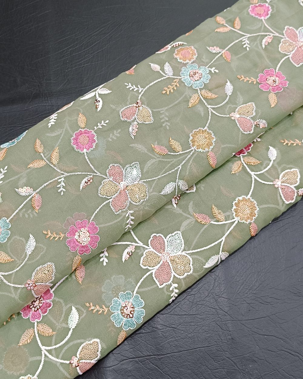 Georgette Work Pastel Pista Colour 42 Inches Width