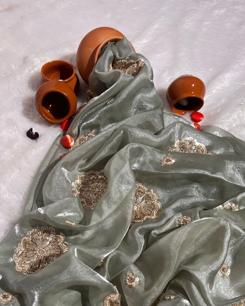 Space Silk Work Greenish Grey Colour 44 Inches Width