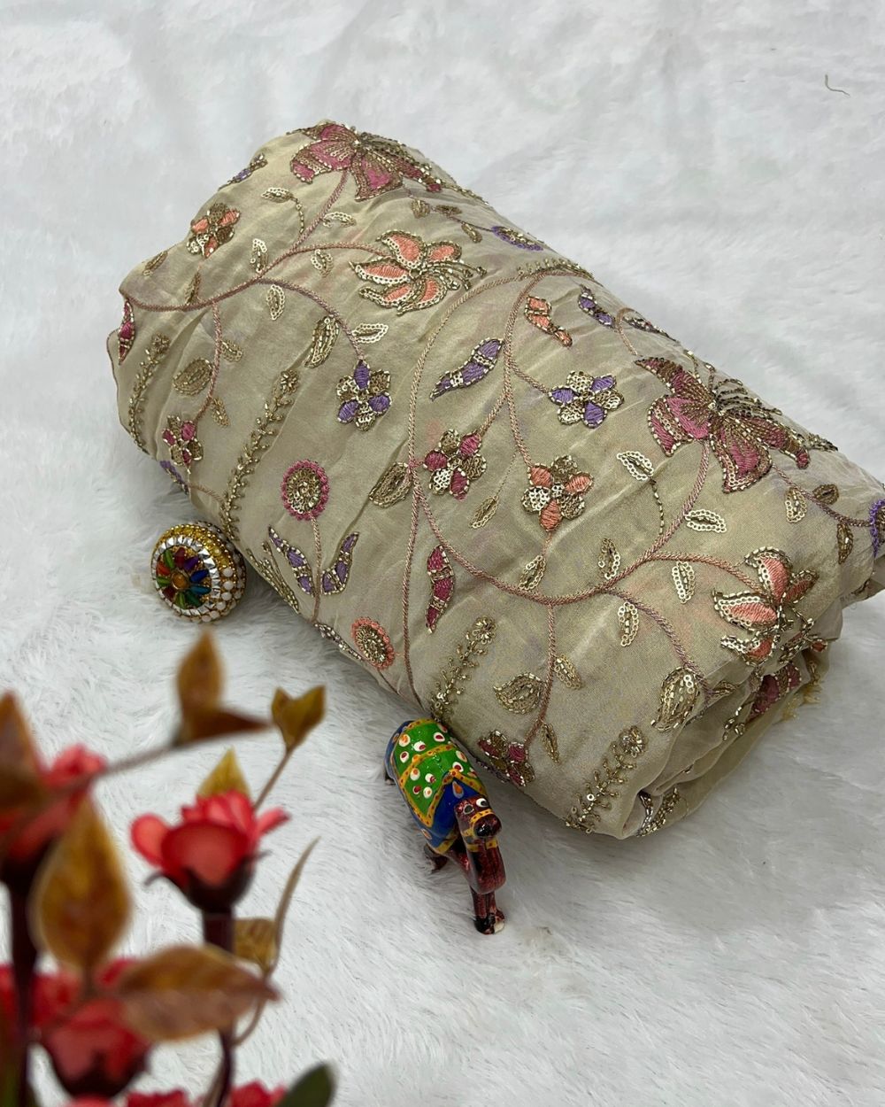 Cosmos Golden Colour fabric with Multicolor Floral Work 42 Inches Width