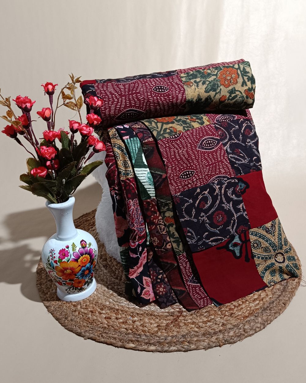 Printed Cotton  Patchwork Quilt Maroon Colour 42 Inches Width