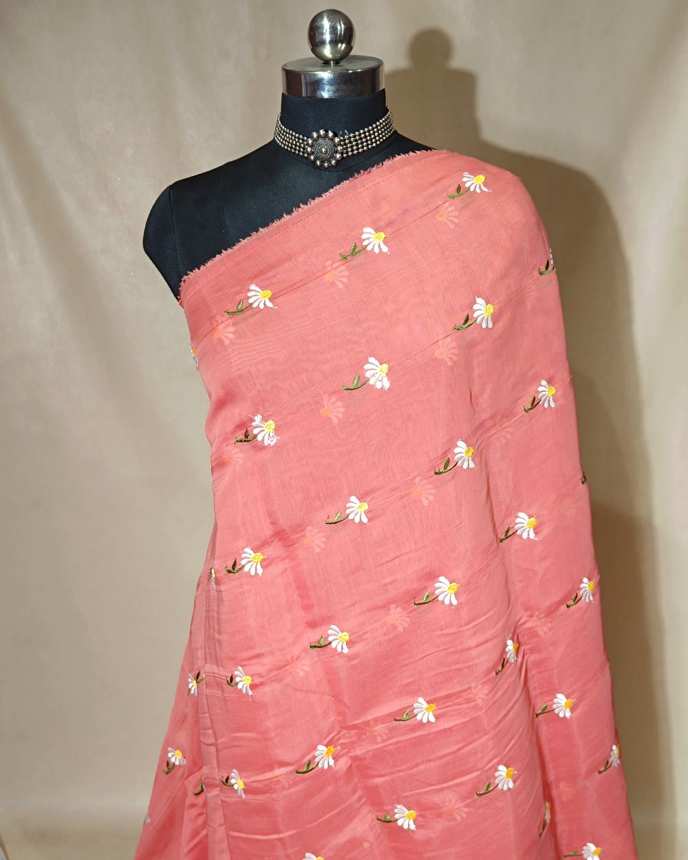 Chanderi Mal Cotton with Thread Work Peach Colour 43 Inches Width