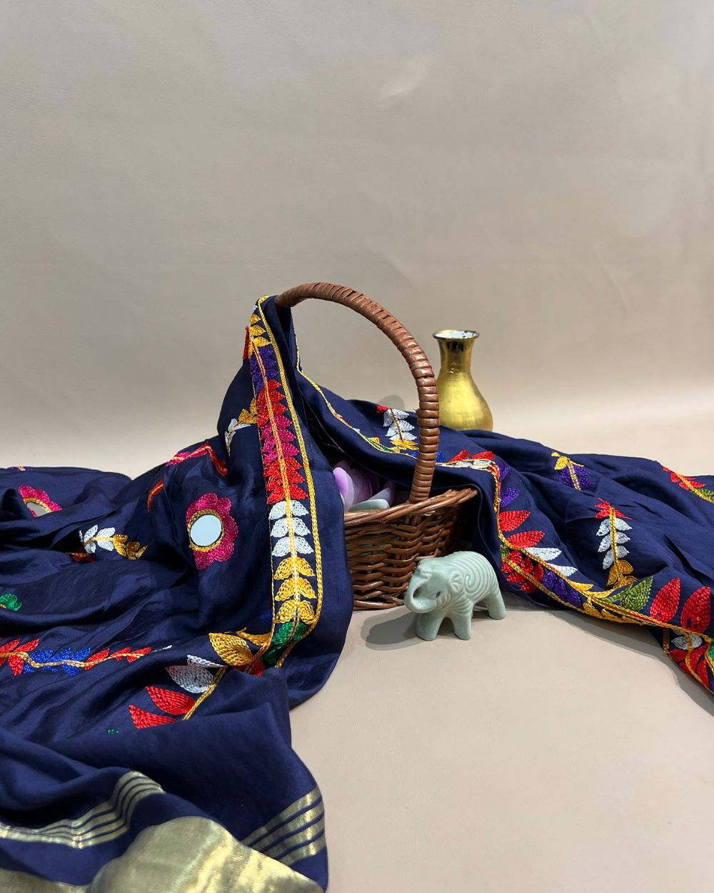 Abla Work Lagdi Patta Dupatta Art Silk Navy Blue Colour 40 Inches Width