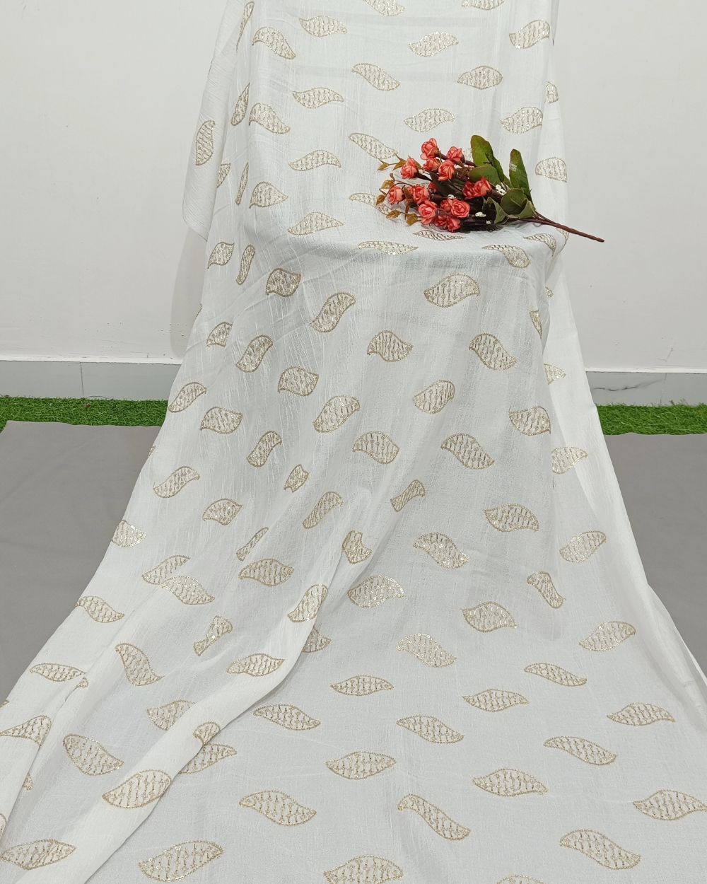 Vichitra Silk Work White Colour 42 Inches Width