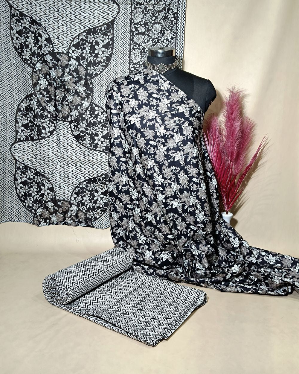 Printed Cotton Unstitched Top-Bottom Set with Dupatta Black Colour 44 Inches Width