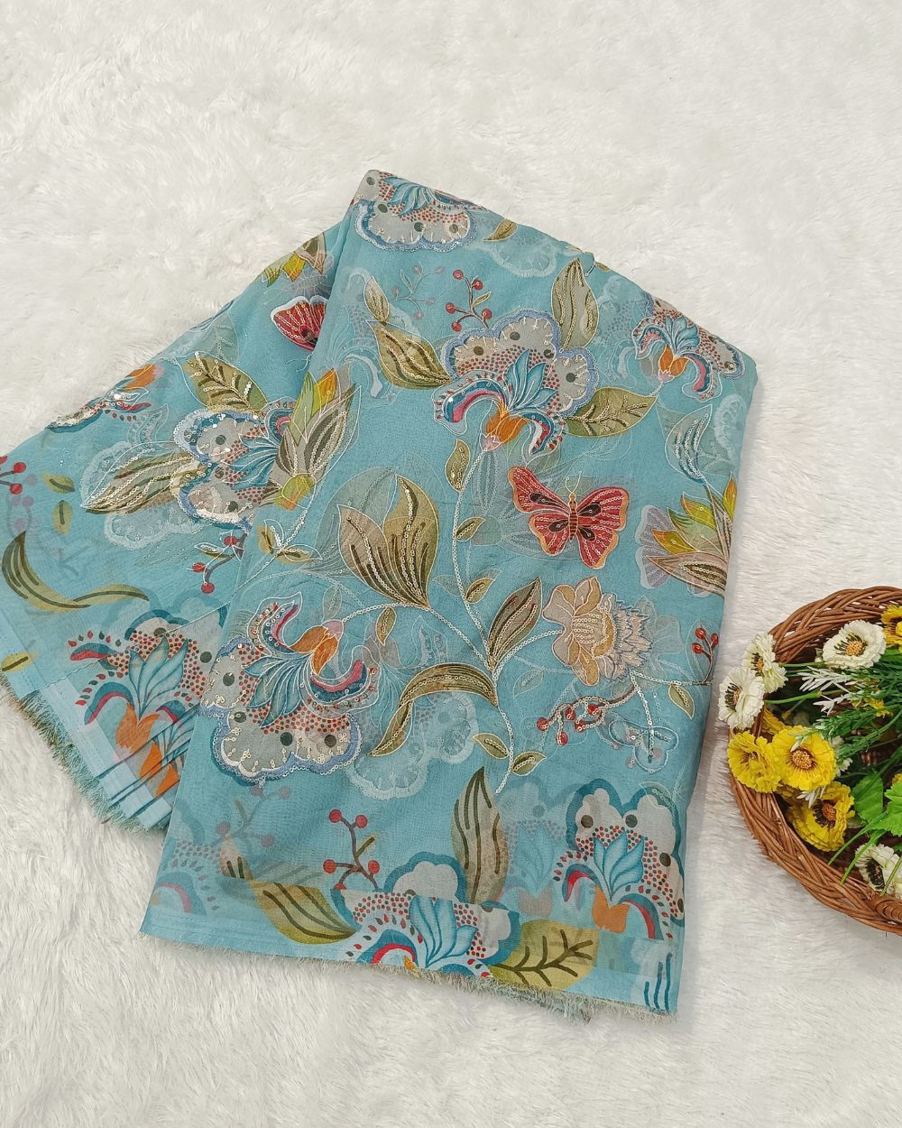 Pure Soft Organza Work Turquoise Blue Colour 44 Inches Width