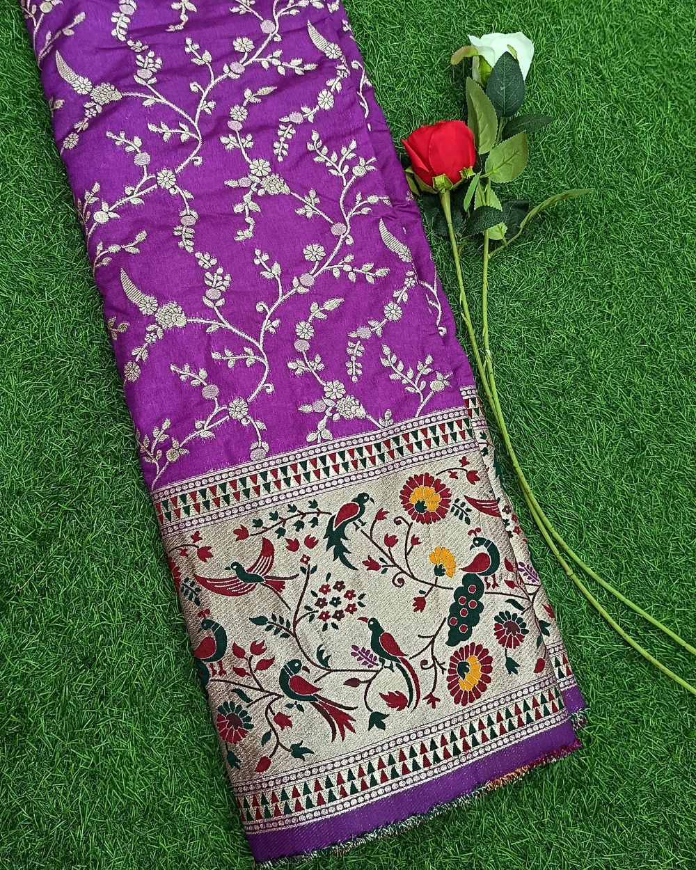 Chanderi Work with Paithani Border Purple Colour 41 Inches Width