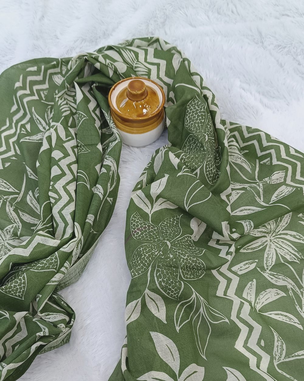 Printed Cotton Unstitched Top-Bottom Set with Dupatta Green Colour 42  Inches Width
