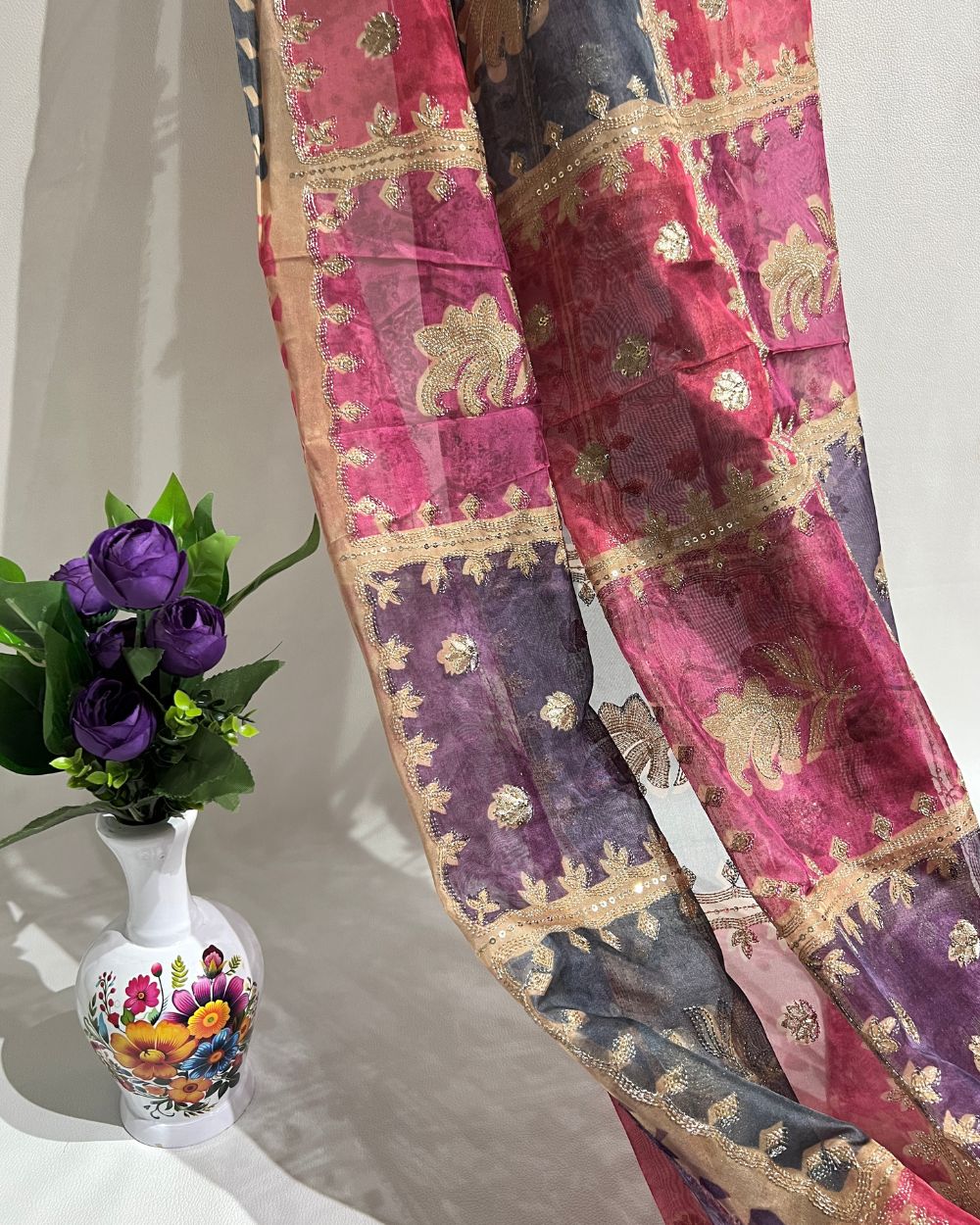 Position Print with Sequin Embroidery on Premium Organza Multicolor 46 Inches Width