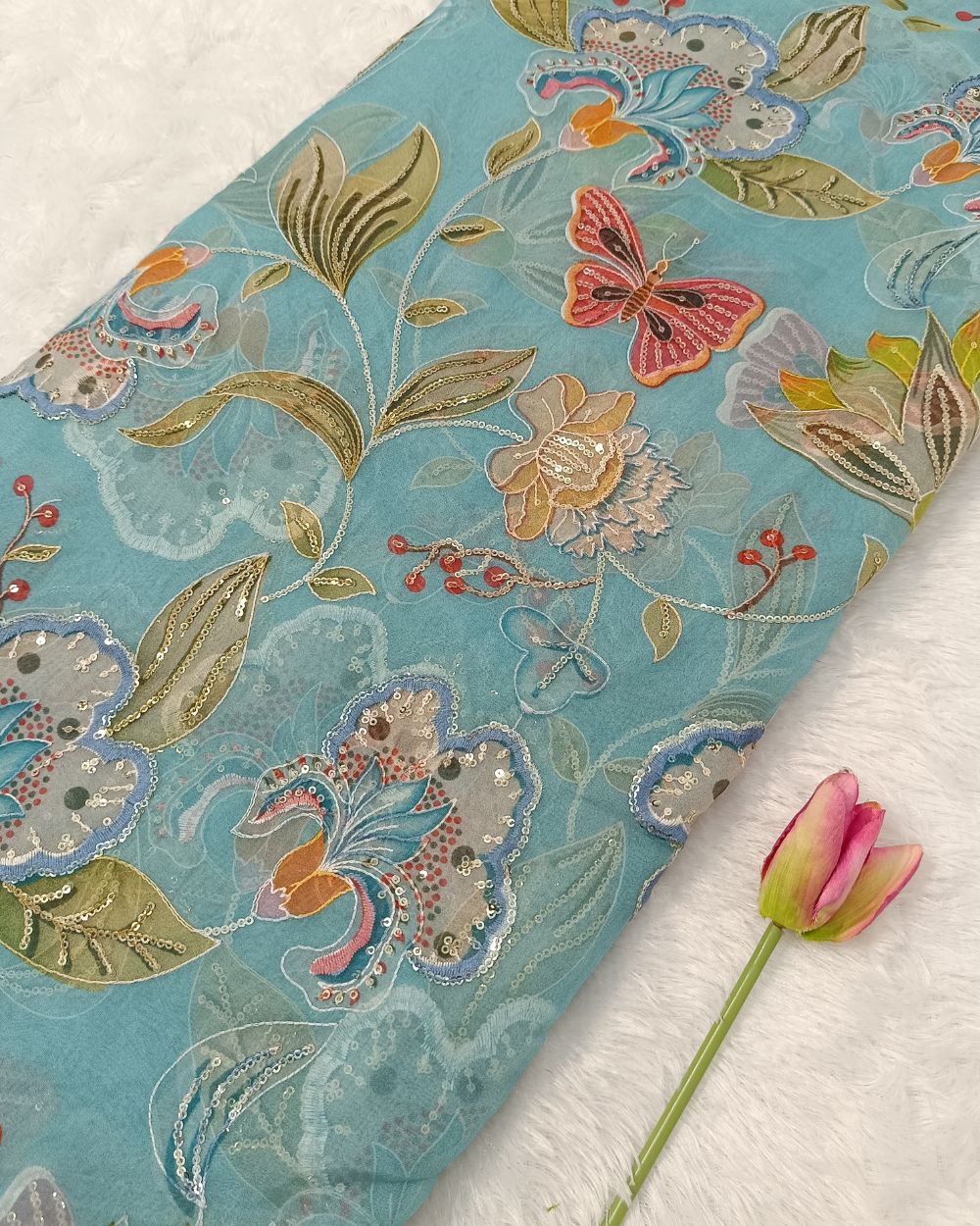 Pure Soft Organza Work Turquoise Blue Colour 44 Inches Width