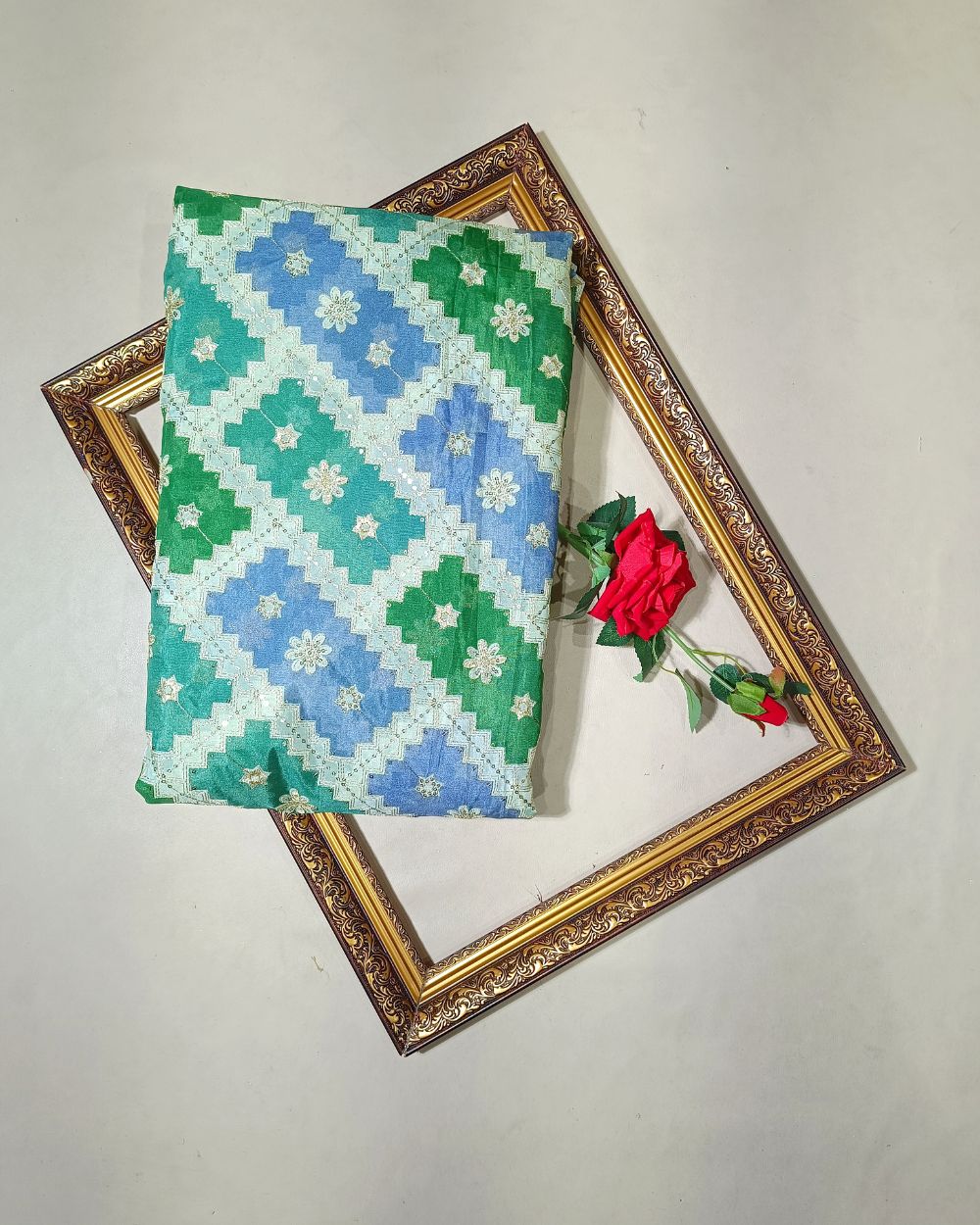 Position Print with Sequin Embroidery on Premium Organza Green Colour 45 Inches Width