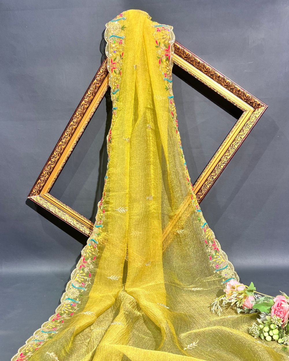 Premium Organza Crush Work Dupatta Fabric Lemon Yellow Colour 38 Inches Width