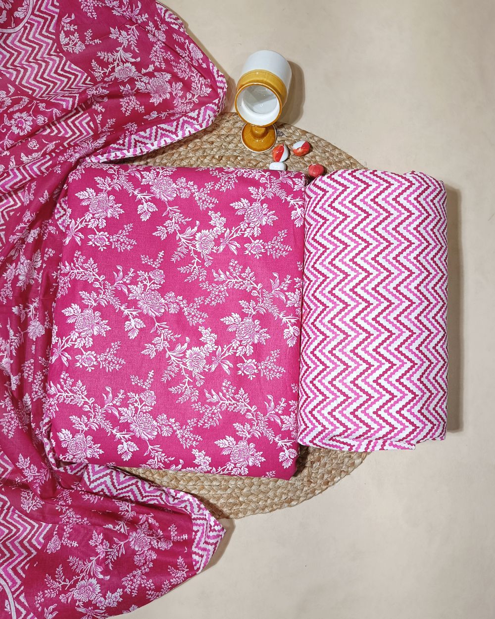 Printed Cotton Unstitched Top-Bottom Set with Dupatta Pink Colour 44 Inches Width