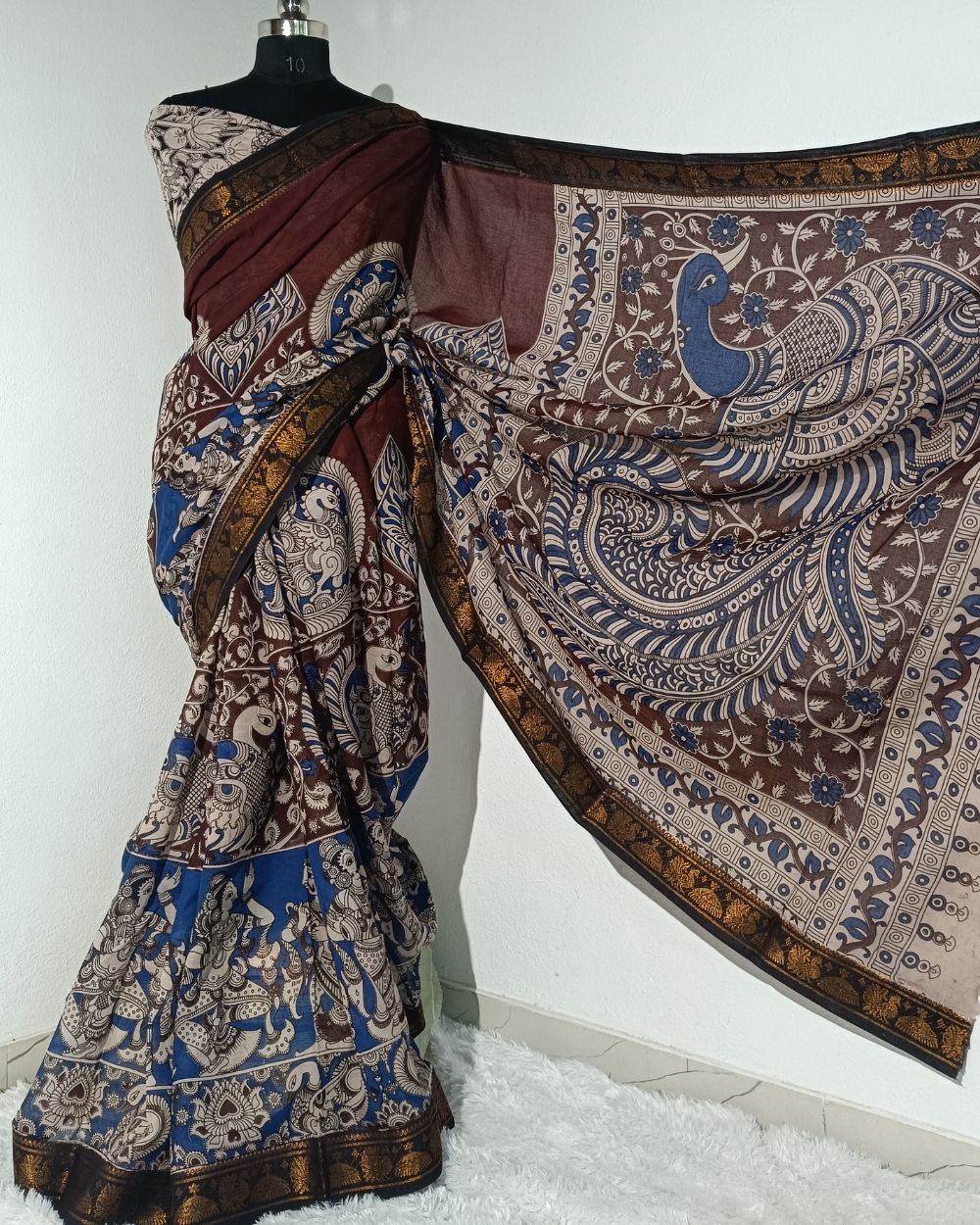 Hand Block Printed Cotton Kalamkari Saree with Blouse Piece Chocolate Brown  Colour 46 Inches Width