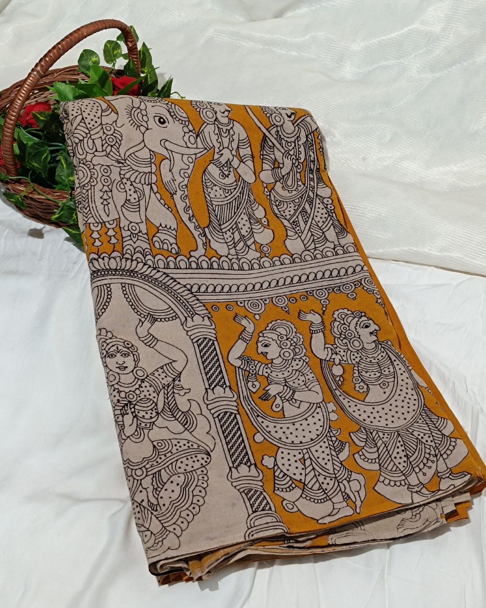 Hand Block Printed Cotton Kalamkari Mustard Yellow Colour 46 Inches Width