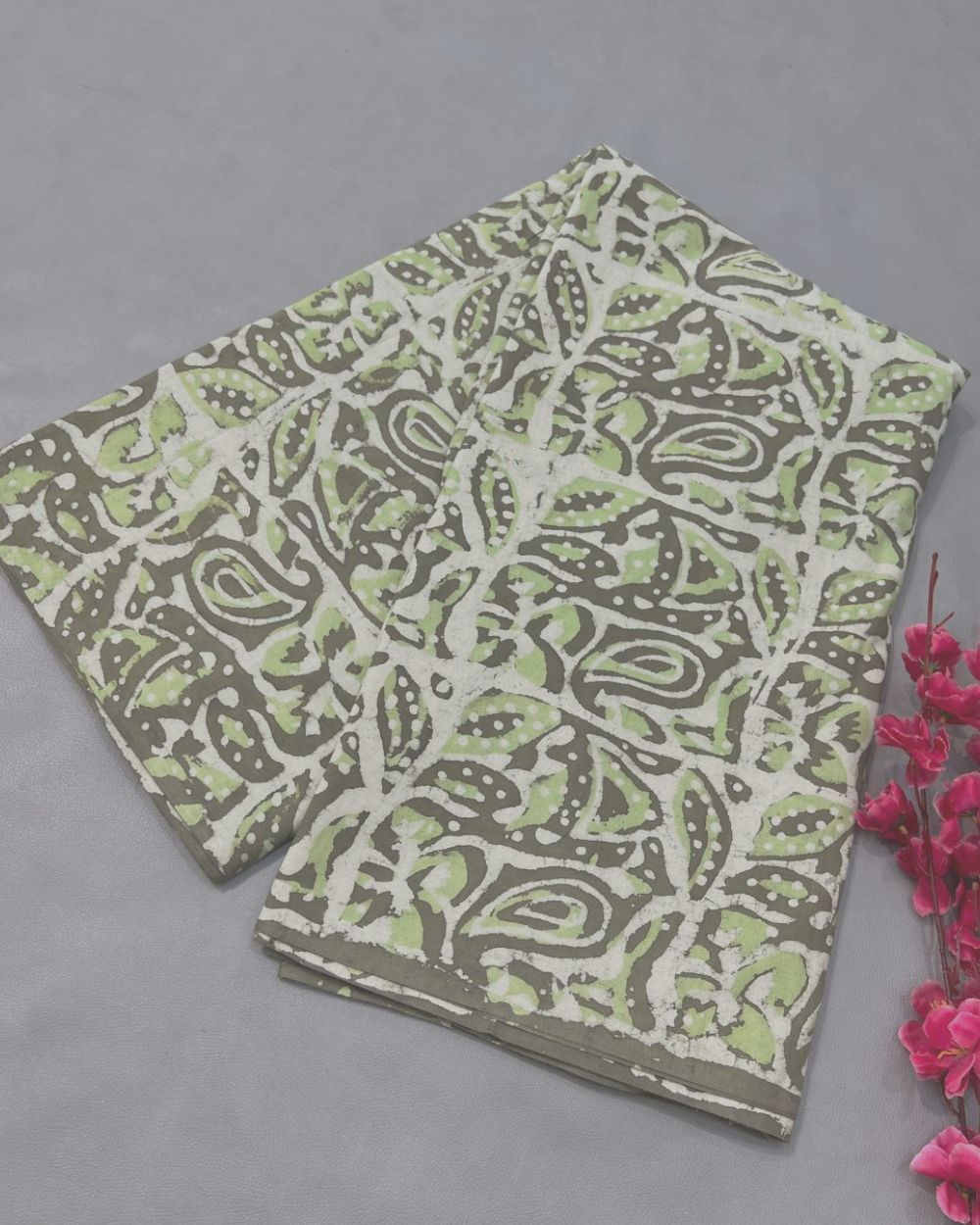 Cotton Dabu Hand Block Print Dusty Olive Green Colour 44 Inches Width