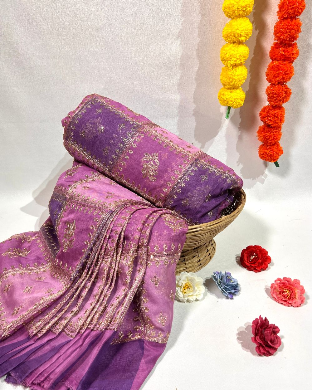 Position Print with Sequin Embroidery on Premium Organza Purple Colour 44 Inches Width