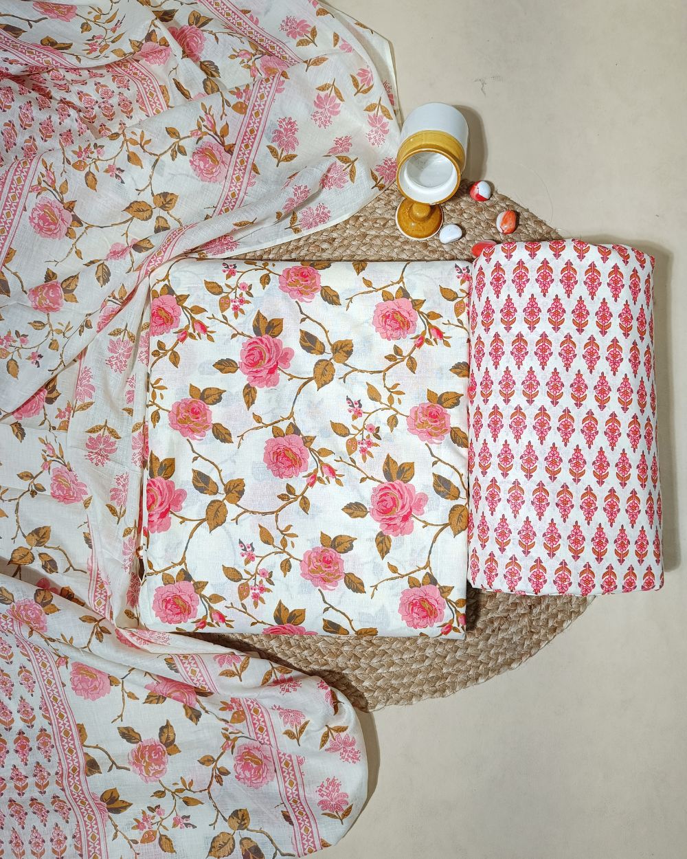 Printed Cotton Unstitched Top-Bottom Set with Dupatta Peach Colour 44 Inches Width