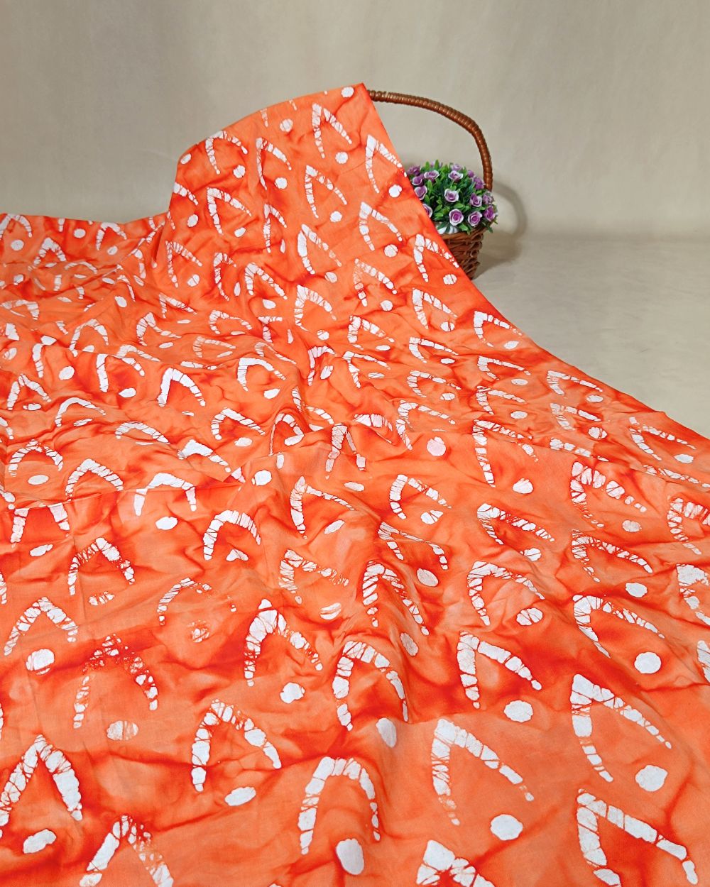 Cotton Hand Blocked Wax Batik Print Orange Colour 44 Inches Width