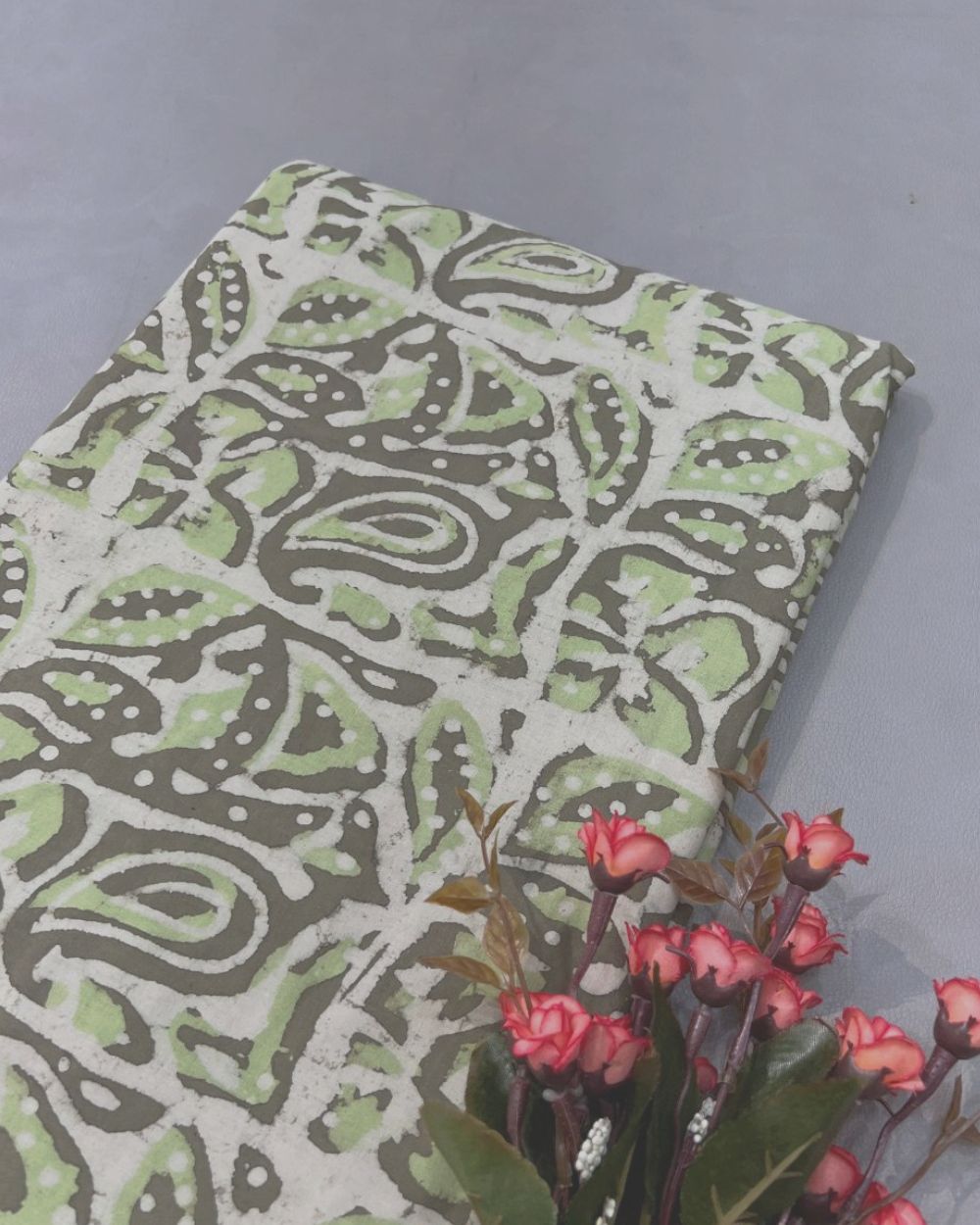 Cotton Dabu Hand Block Print Dusty Olive Green Colour 44 Inches Width