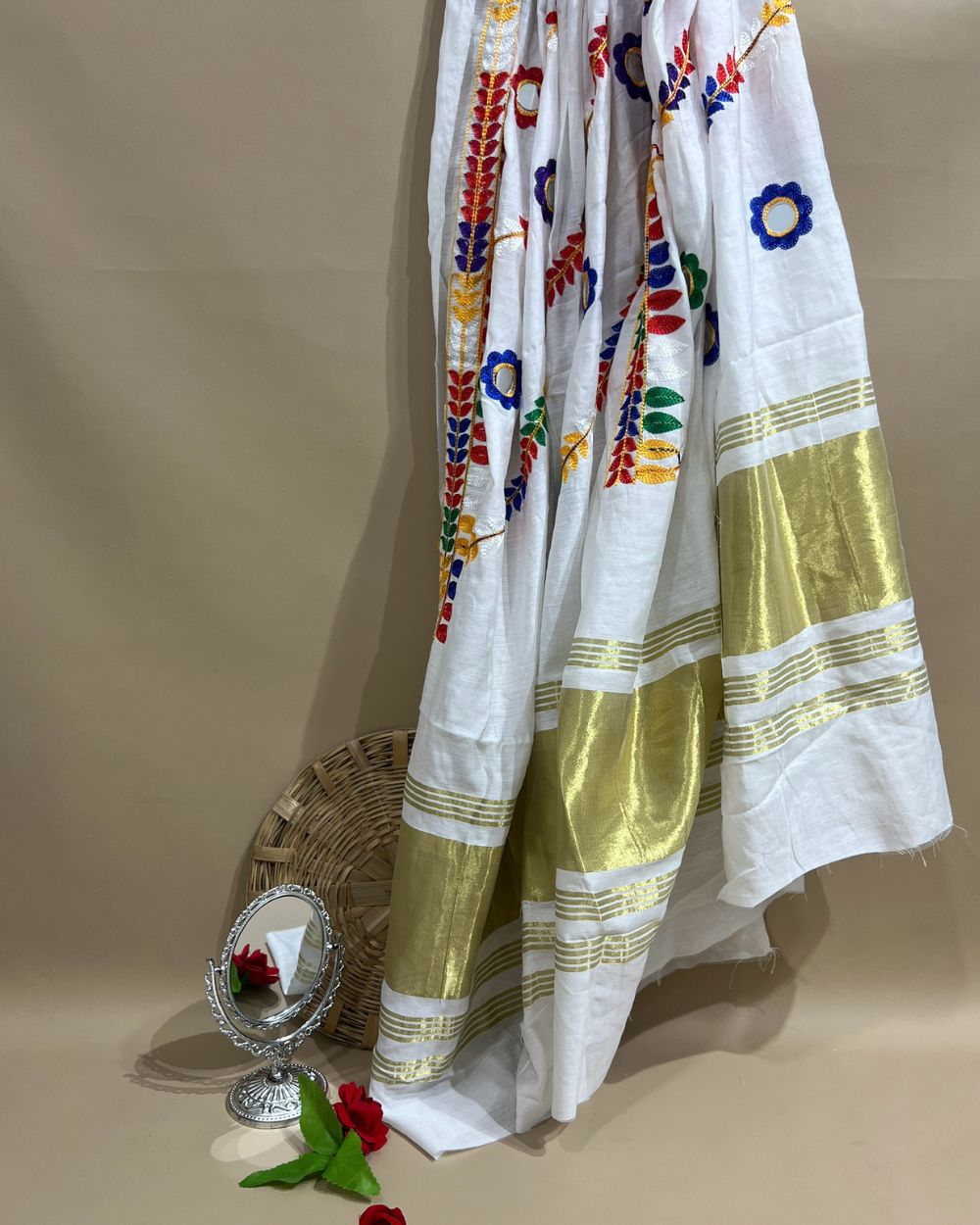 Abla Work Lagdi Patta Dupatta Art Silk White Colour 40 Inches Width