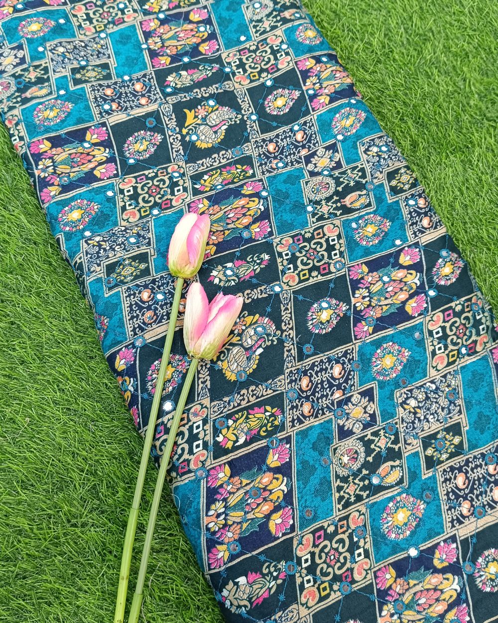 Cotton Abla Work Blue Colour 42 Inches Width