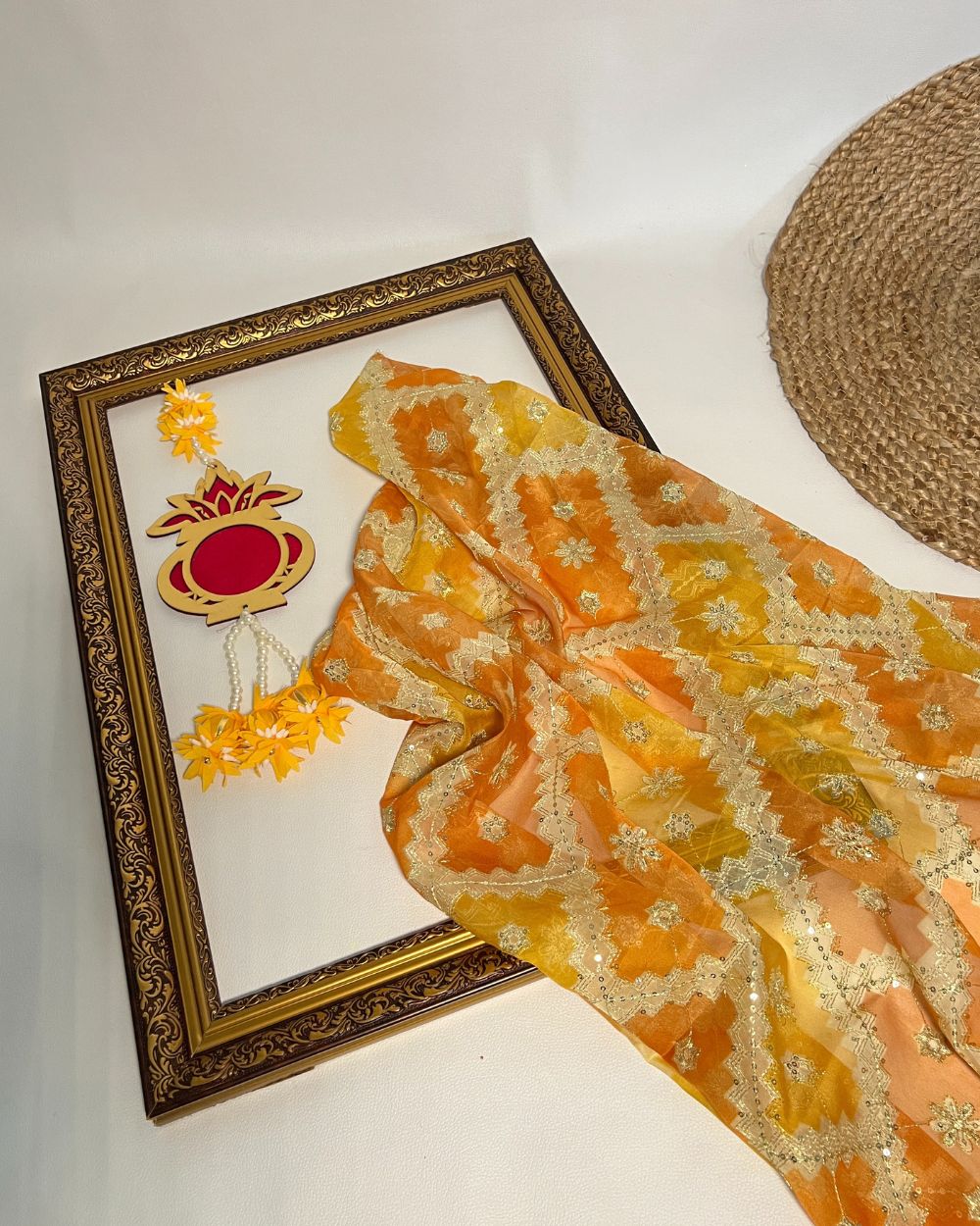 Position Print with Sequin Embroidery on Premium Organza Yellow Colour 48 Inches Width