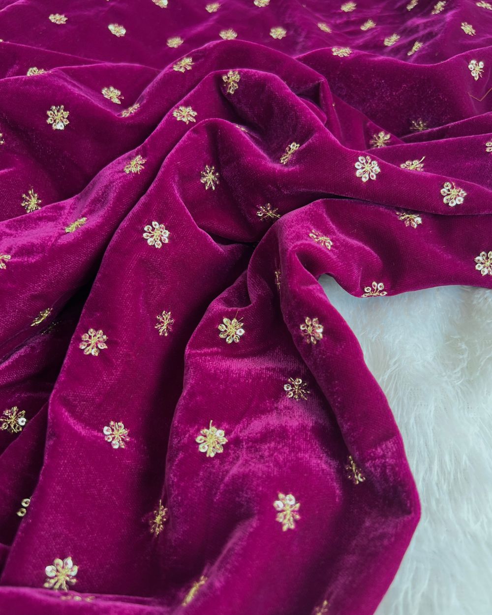 Premium Velvet Butti Work Rani Pink Colour 44 Inches Width