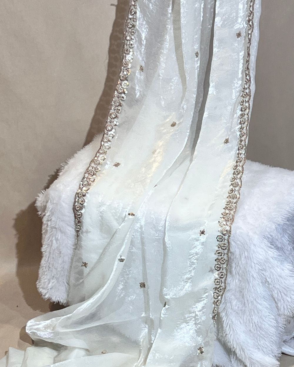 Space Silk Work Dupatta Fabric with Border Off White 38 Inches Width