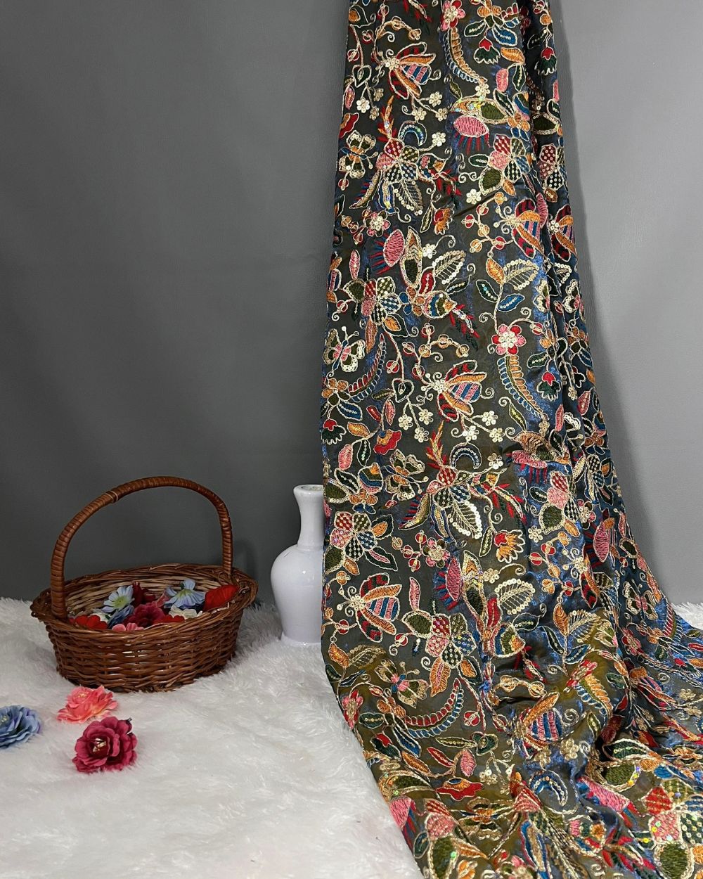 Space Silk Work Bluish Grey Colour 42 Inches Width