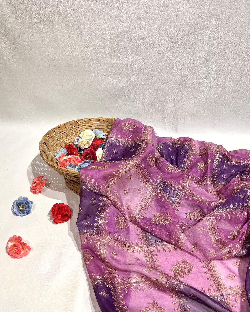 Position Print with Sequin Embroidery on Premium Organza Purple Colour 44 Inches Width