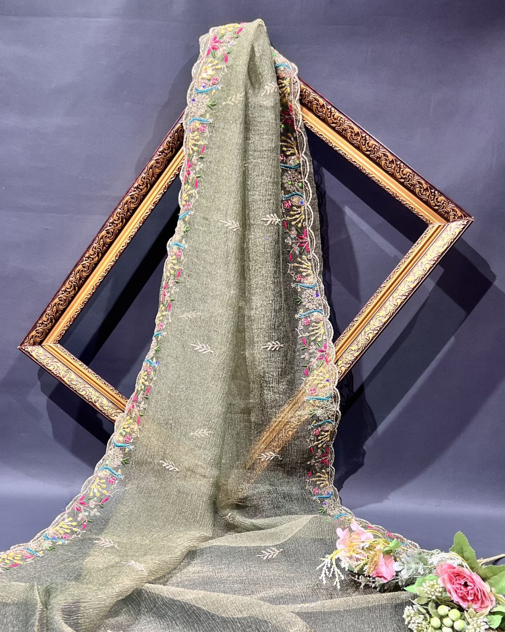 Premium Organza Crush Work Dupatta Fabric Dusty Green Colour 38 Inches Width