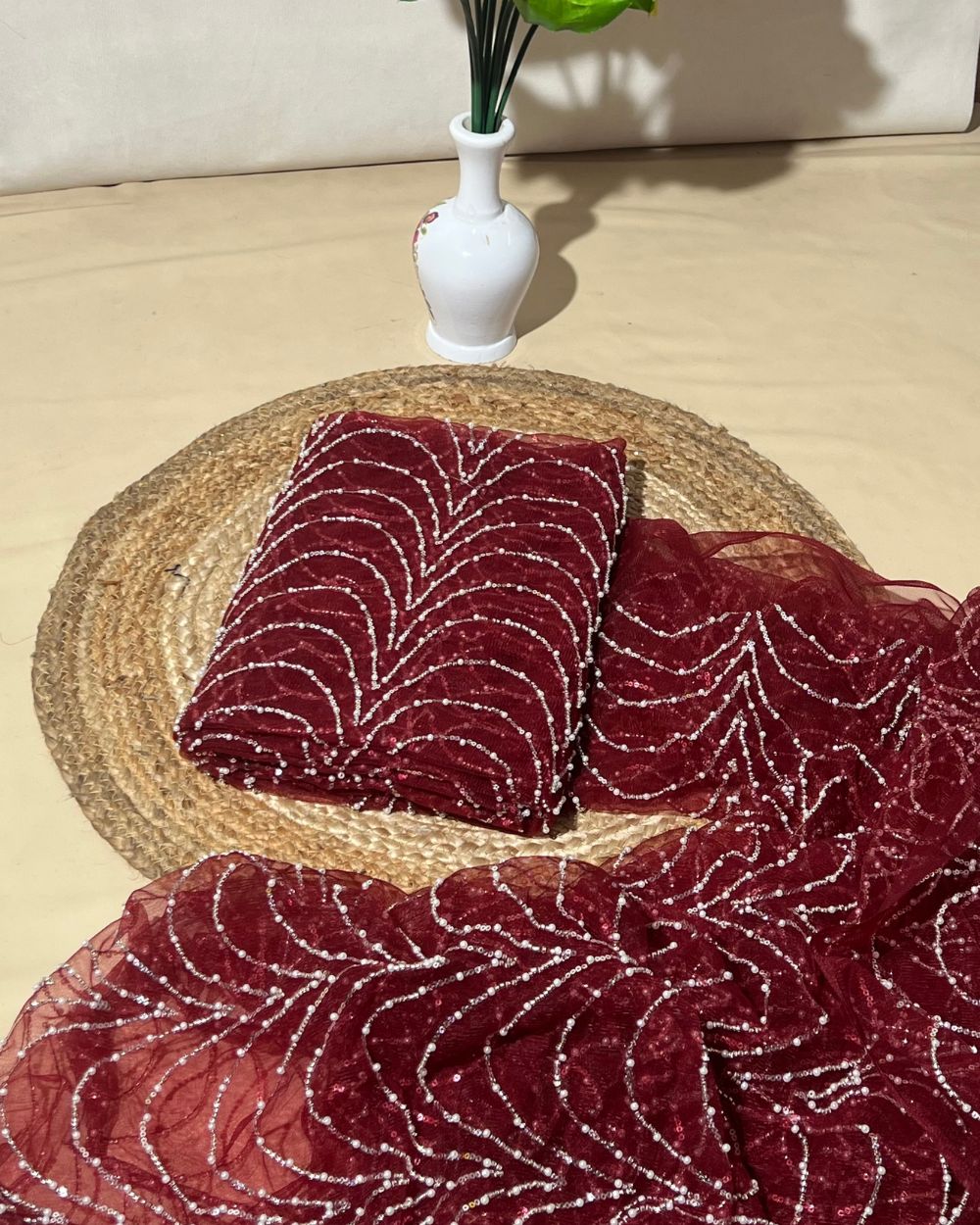 Imported Net Work Maroon Colour 62 Inches Width