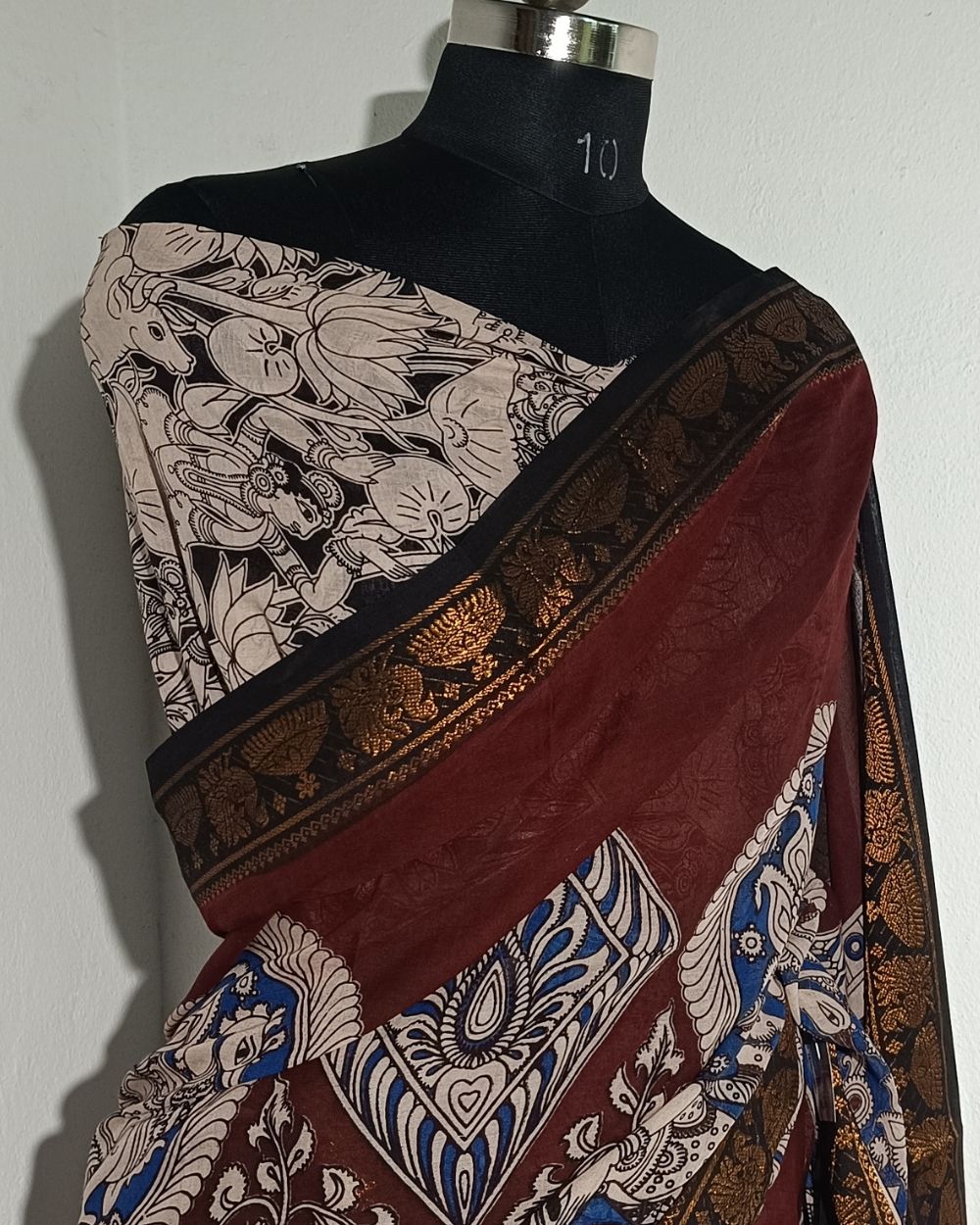 Hand Block Printed Cotton Kalamkari Saree with Blouse Piece Chocolate Brown  Colour 46 Inches Width