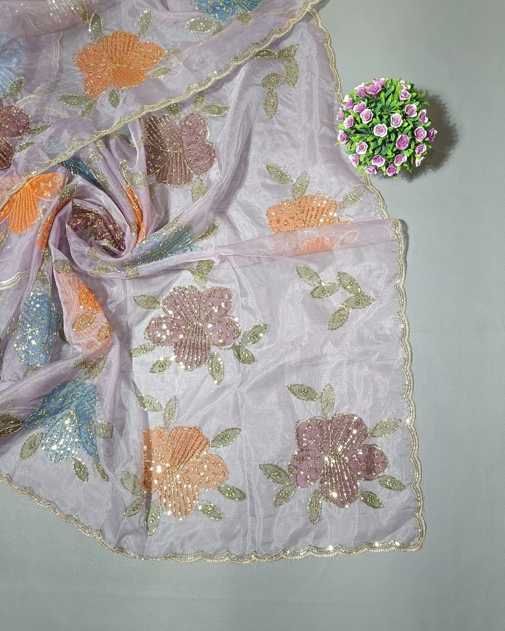 Premium Pure Soft Organza Work Dupatta Pastel Lavender Colour 39 Inches Width