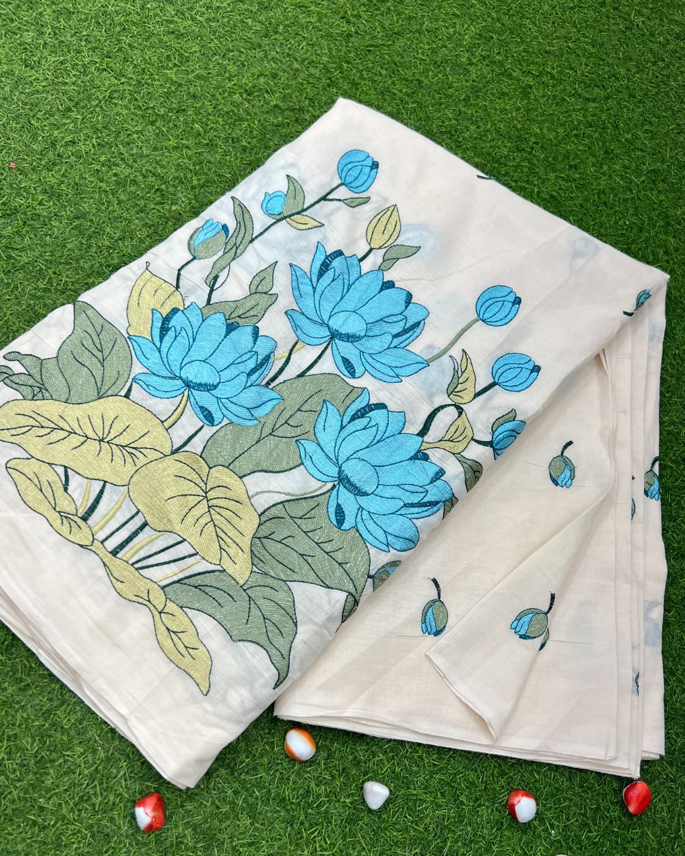 Kora Cotton Border Work Sky Blue Colour 45 Inches Width