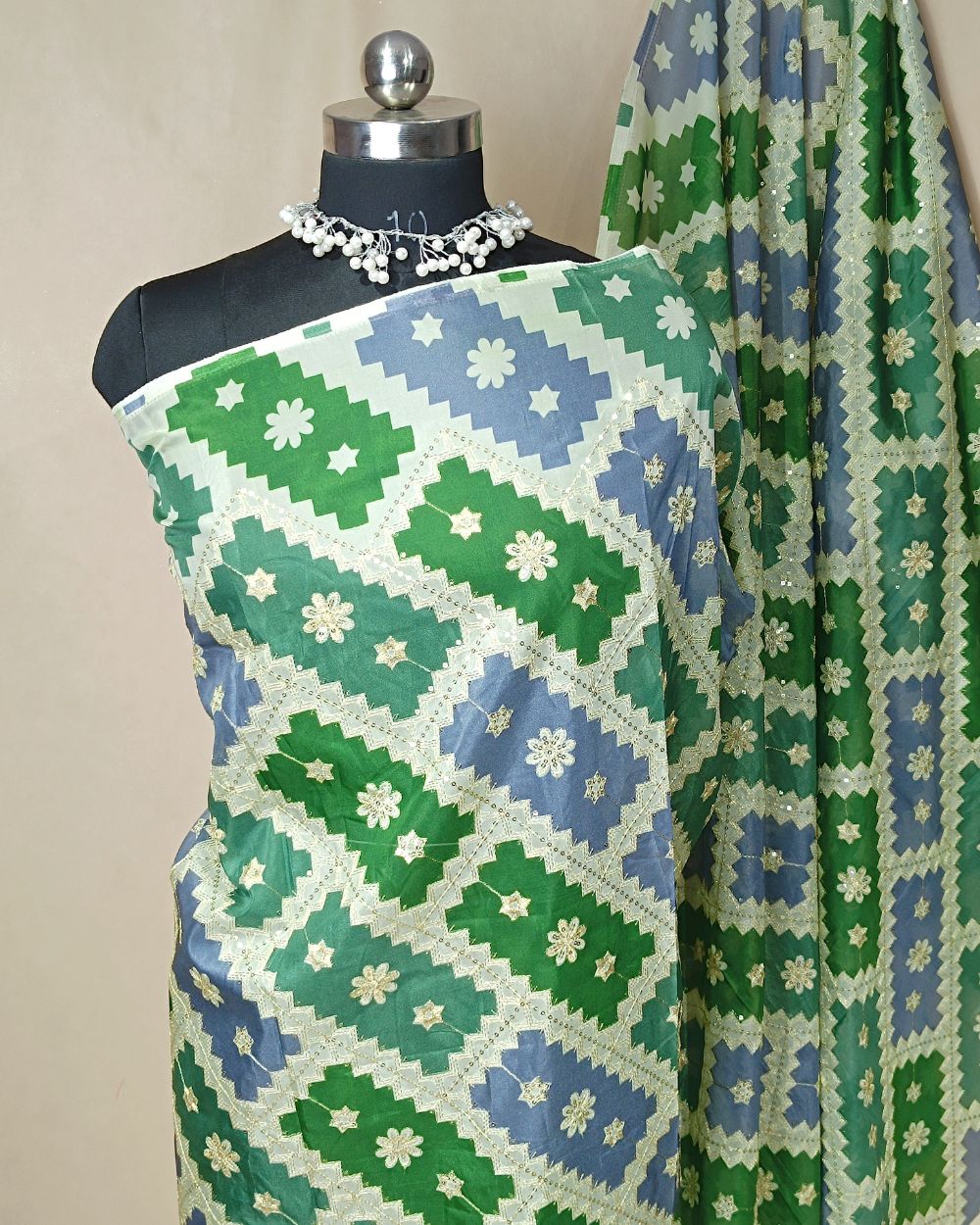 Position Print with Sequin Embroidery on Premium Organza Green Colour 45 Inches Width