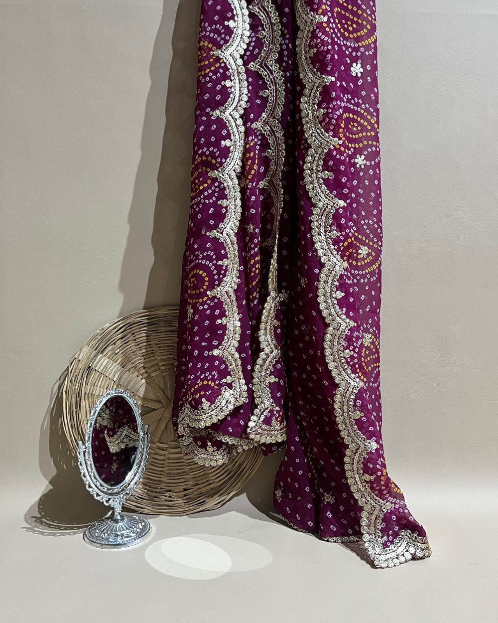 Georgette  Bandhani Dupatta with Cut Work Border Wine Colour 37 Inches Width