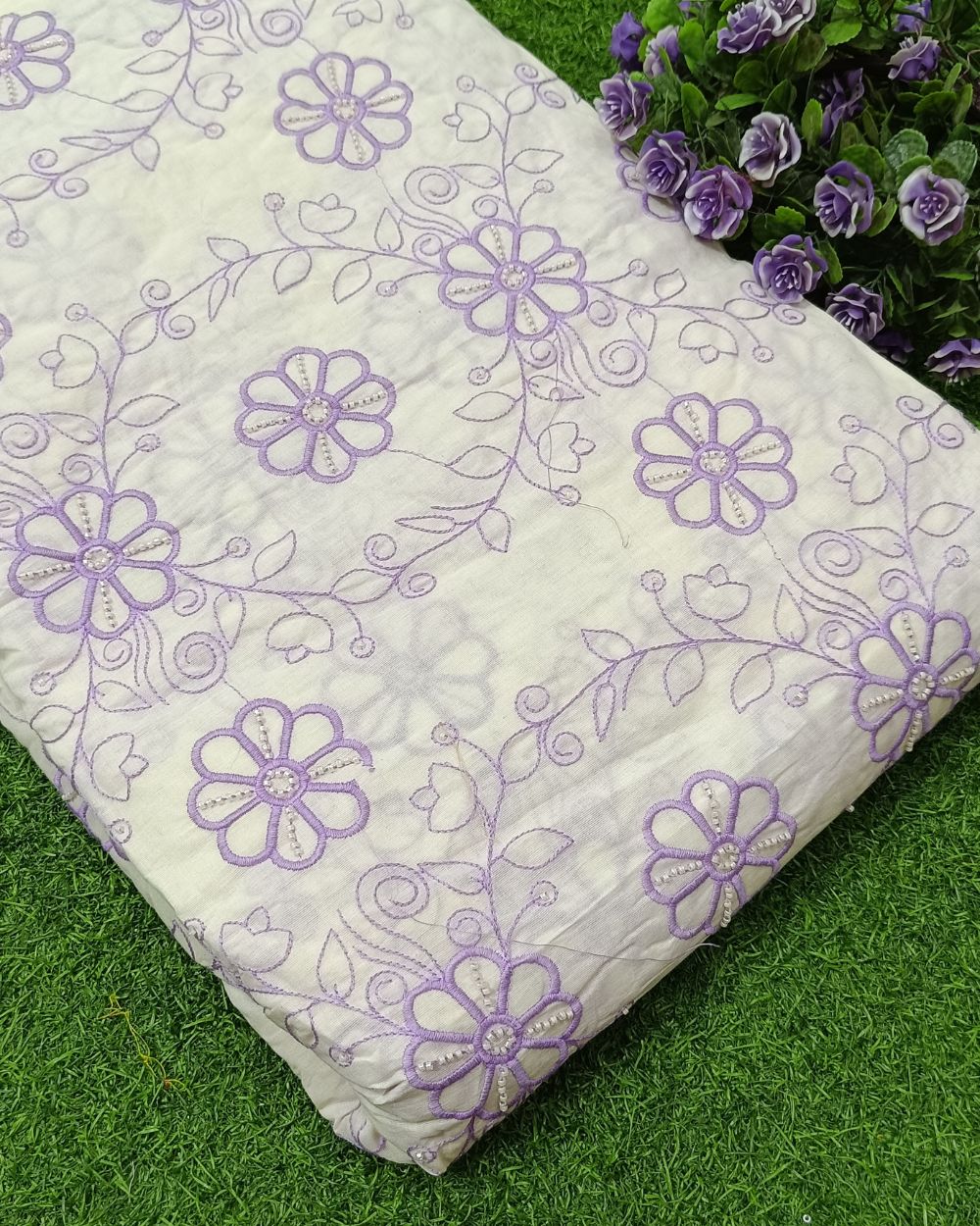 Kora Cotton Moti Work Lilac Colour 45 Inches Width